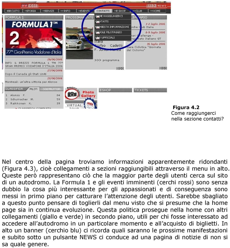 La Formula 1 e gli eventi imminenti (cerchi rossi) sono senza dubbio la cosa più interessante per gli appassionati e di conseguenza sono messi in primo piano per catturare l attenzione degli utenti.