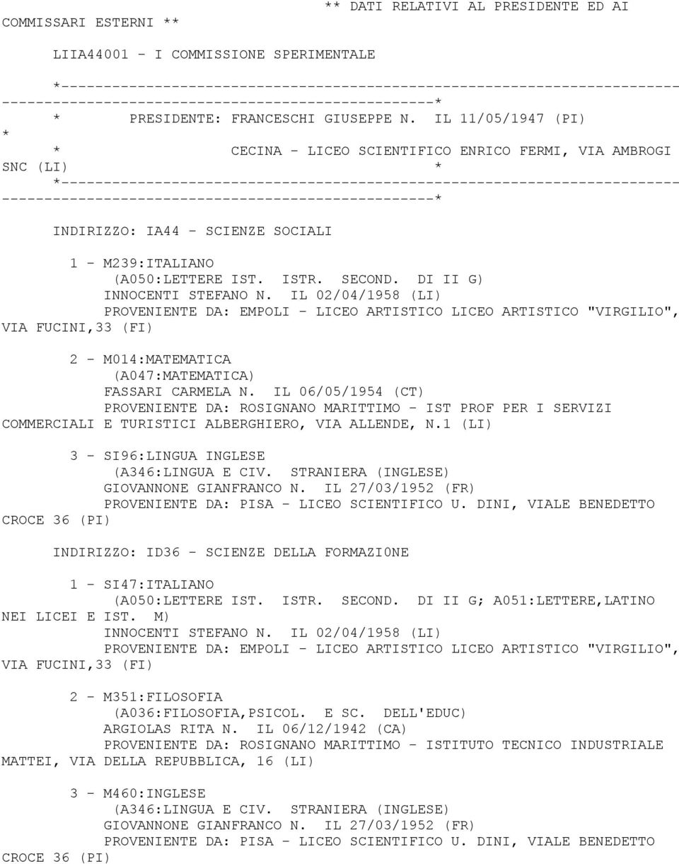 IL 11/05/1947 (PI) CECINA - LICEO SCIENTIFICO ENRICO FERMI, VIA AMBROGI SNC (LI) ------------------------------------------------------------------------- --------------------------- INDIRIZZO: IA44