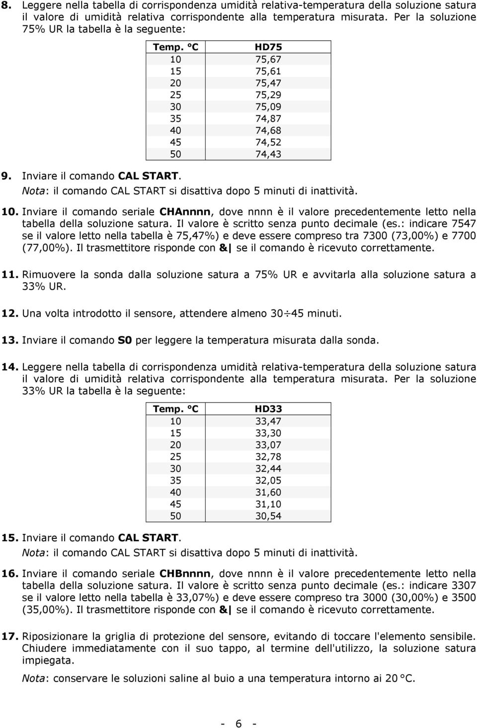 Nota: il comando CAL START si disattiva dopo 5 minuti di inattività. 10. Inviare il comando seriale CHAnnnn, dove nnnn è il valore precedentemente letto nella tabella della soluzione satura.