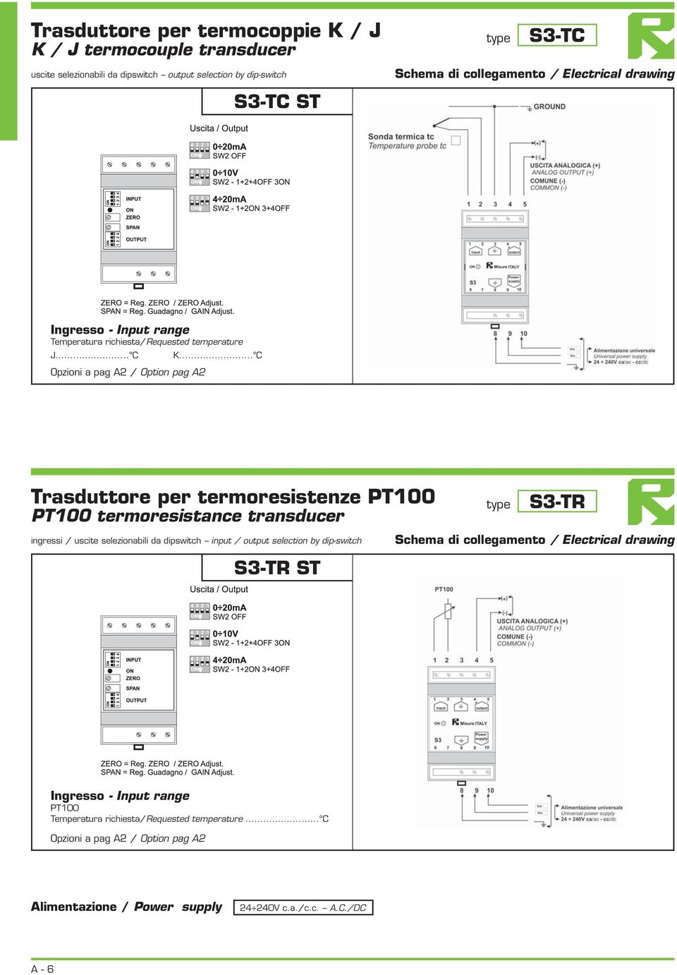 .. C Trasduttore per termoresistenze PT100 PT100 termoresistance transducer S3-TR ingressi / uscite selezionabili da dipswitch input / output