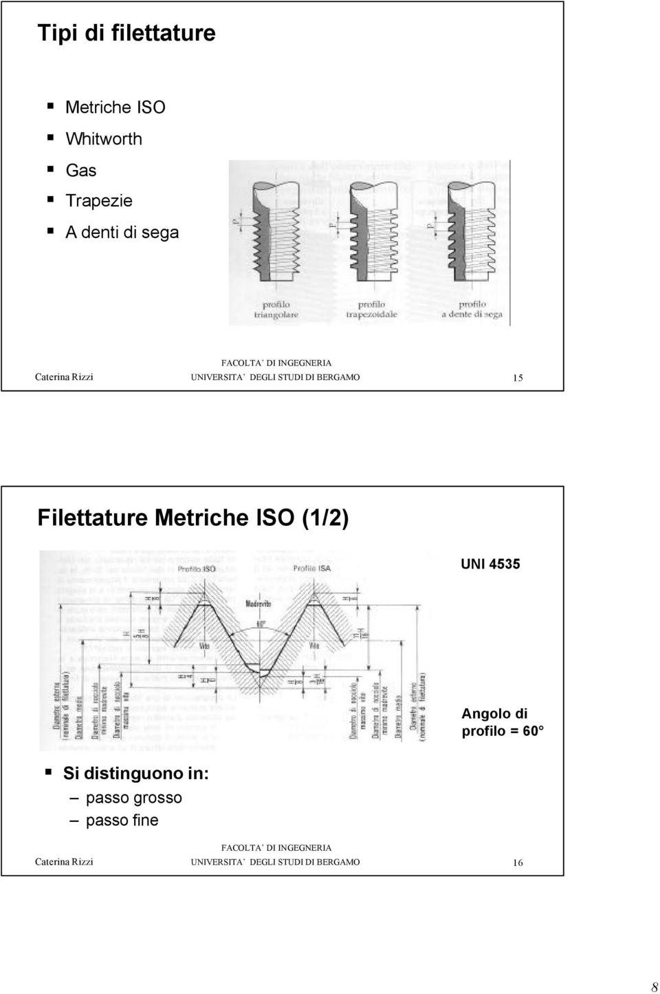 Metriche ISO (1/2) UNI 4535 Angolo di profilo