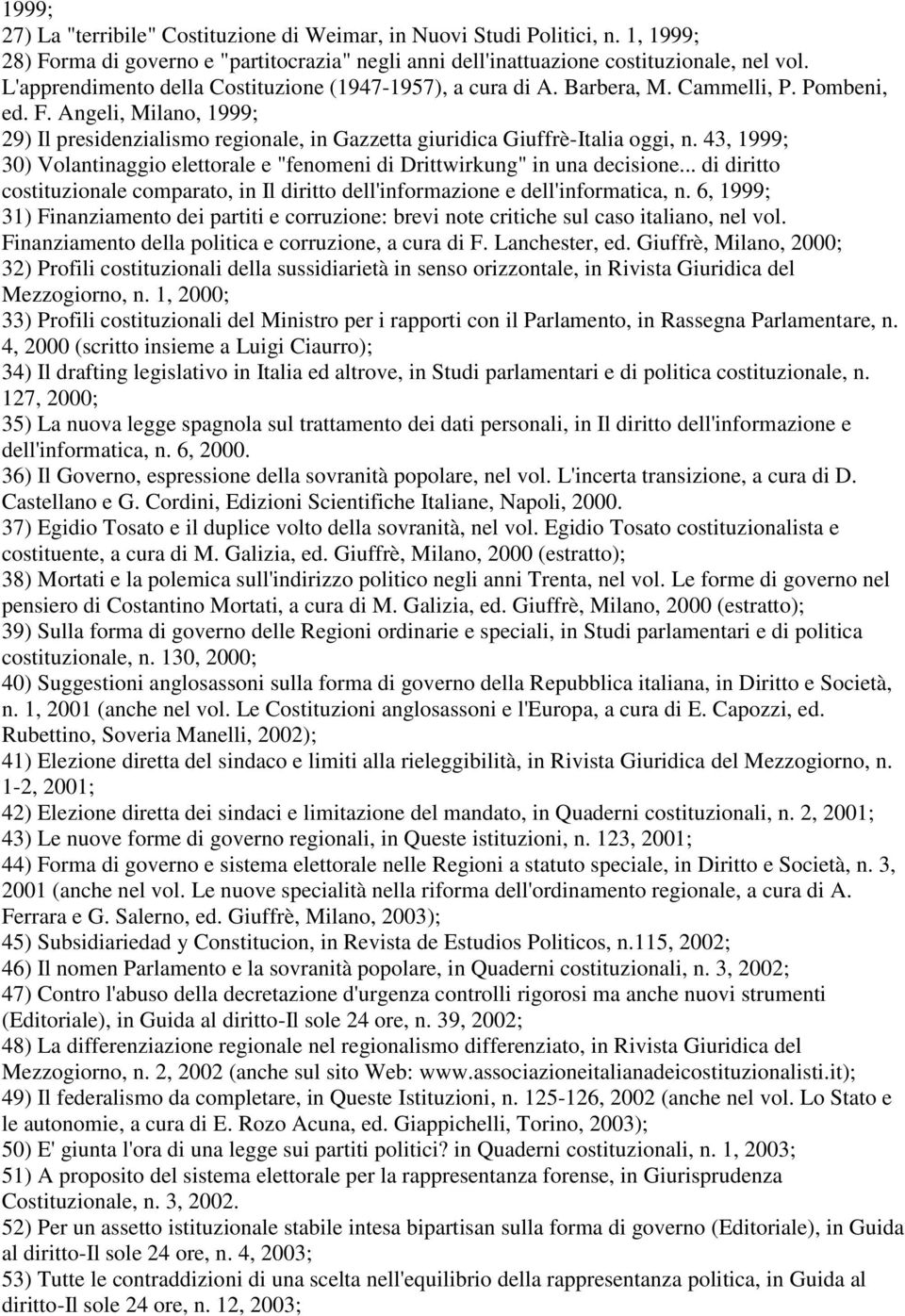 Angeli, Milano, 1999; 29) Il presidenzialismo regionale, in Gazzetta giuridica Giuffrè-Italia oggi, n. 43, 1999; 30) Volantinaggio elettorale e "fenomeni di Drittwirkung" in una decisione.