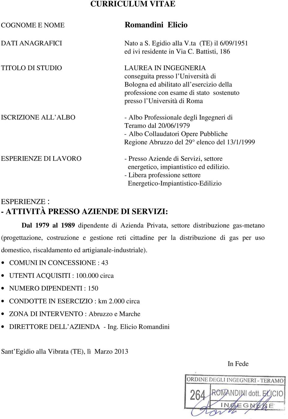 sostenuto presso l Università di Roma - Albo Professionale degli Ingegneri di Teramo dal 20/06/1979 - Albo Collaudatori Opere Pubbliche Regione Abruzzo del 29 elenco del 13/1/1999 - Presso Aziende di