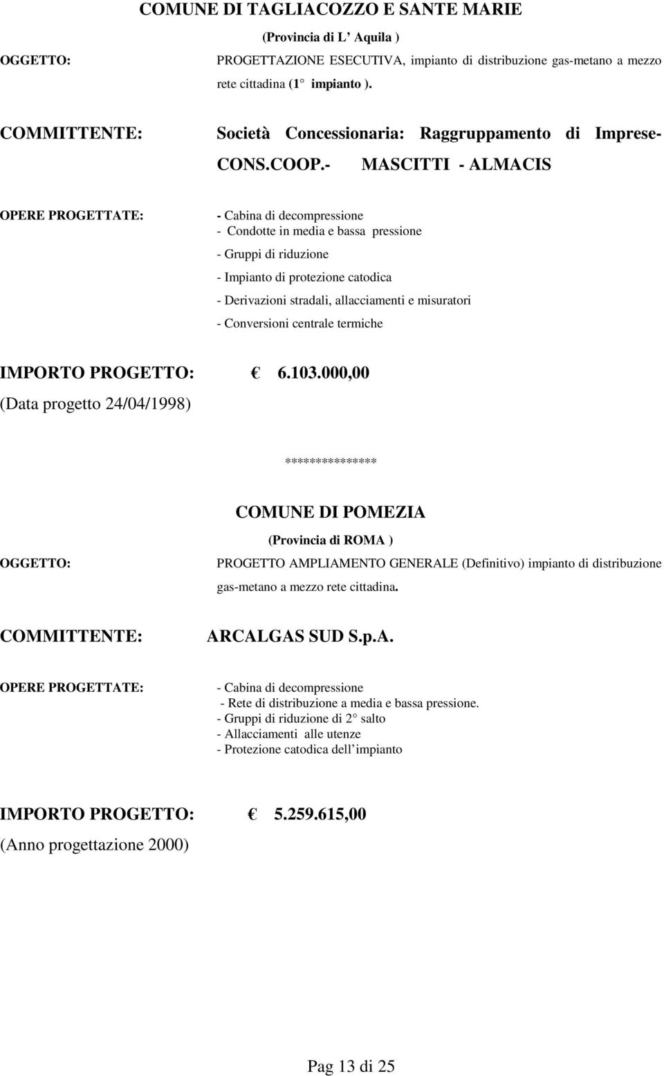 - MASCITTI - ALMACIS - Condotte in media e bassa pressione - Gruppi di riduzione - Impianto di protezione catodica - Derivazioni stradali, allacciamenti e misuratori -