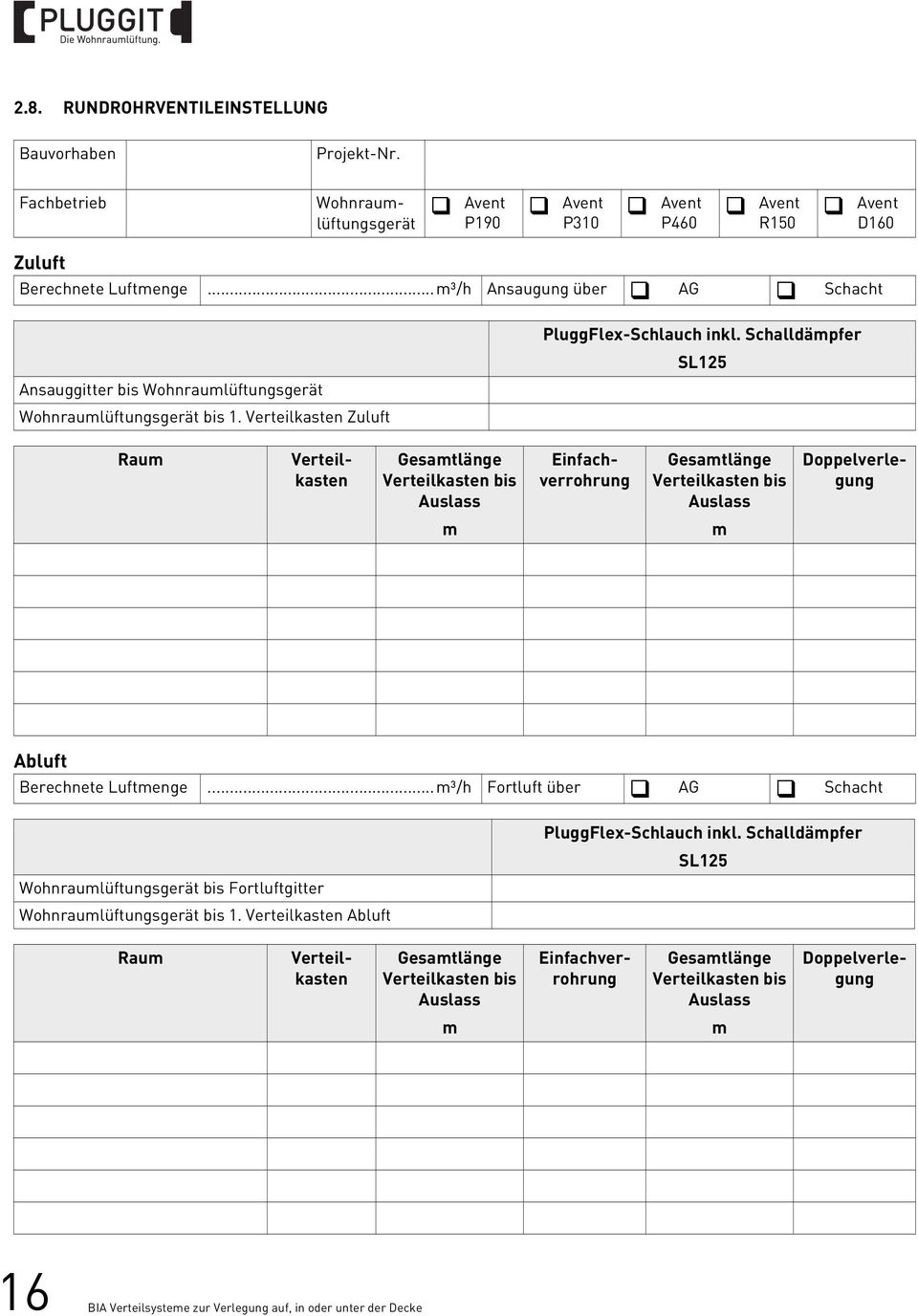 Schalldämpfer SL5 Raum Gesamtlänge Verteilkasten bis Auslass Gesamtlänge Verteilkasten bis Auslass Verteilkasten Einfachverrohrung Doppelverlegung m m Abluft Berechnete Luftmenge.