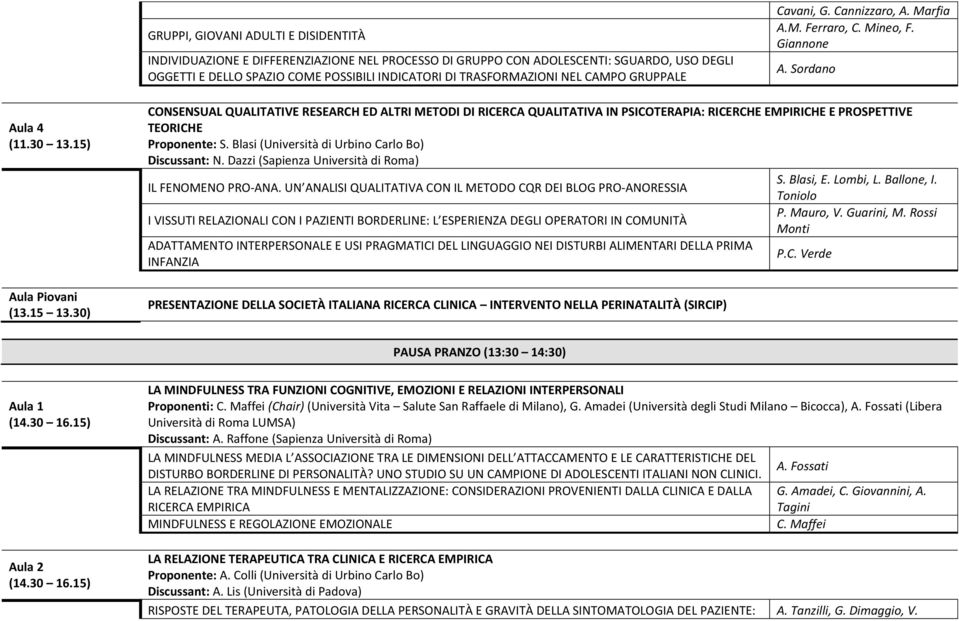 30) CONSENSUAL QUALITATIVE RESEARCH ED ALTRI METODI DI RICERCA QUALITATIVA IN PSICOTERAPIA: RICERCHE EIRICHE E PROSPETTIVE TEORICHE Proponente: S. Blasi (Università di Urbino Carlo Bo) Discussant: N.