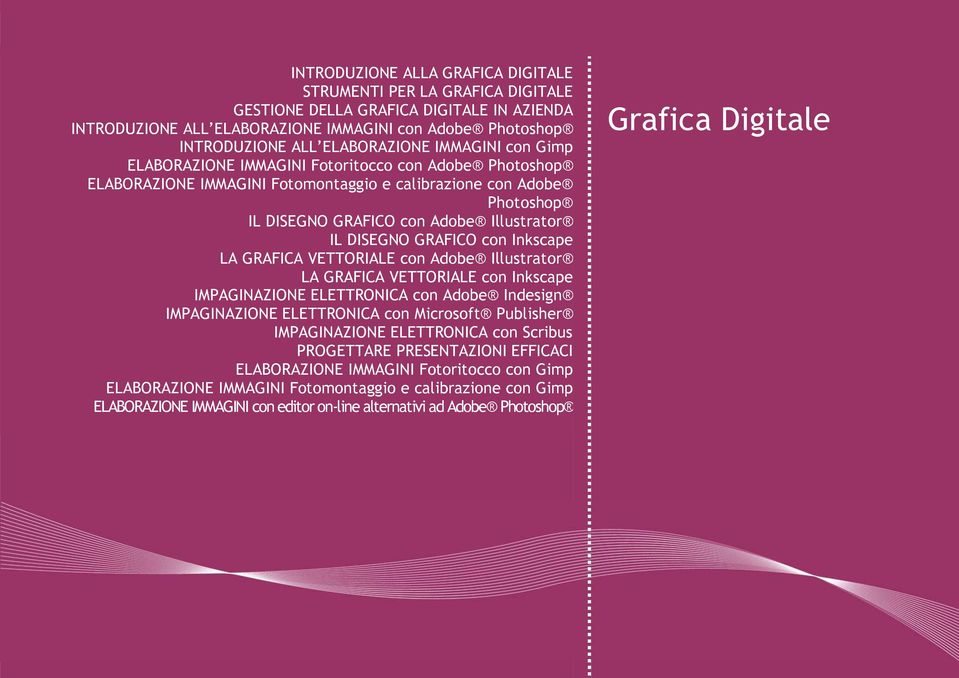 DISEGNO GRAFICO con Inkscape LA GRAFICA VETTORIALE con Adobe Illustrator LA GRAFICA VETTORIALE con Inkscape IMPAGINAZIONE ELETTRONICA con Adobe Indesign IMPAGINAZIONE ELETTRONICA con Microsoft