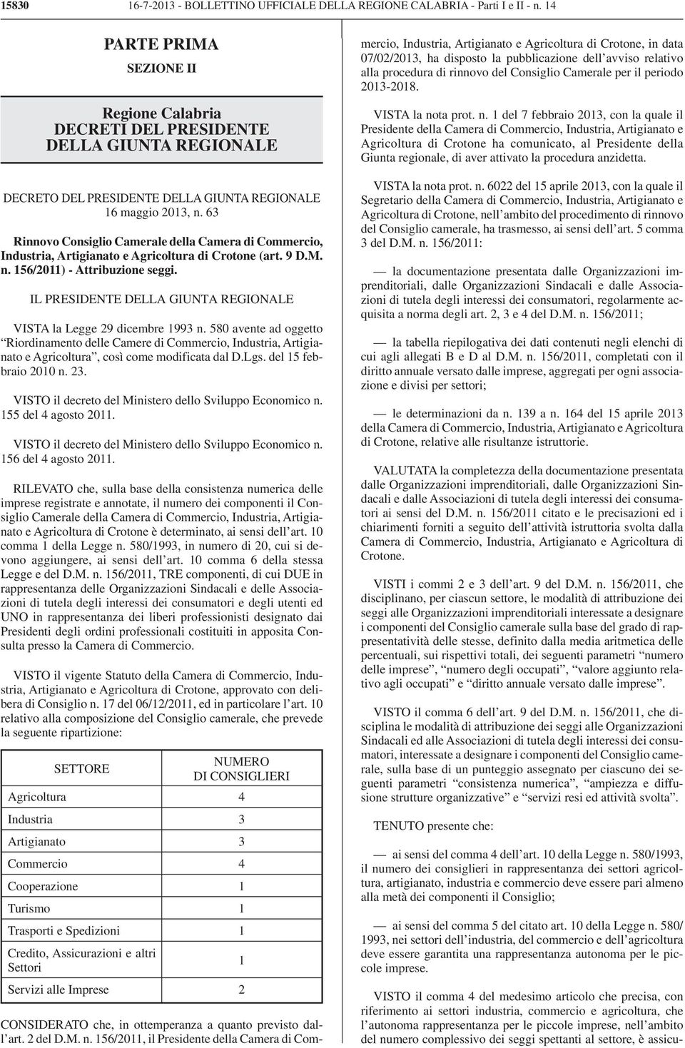 63 Rinnovo Consiglio Camerale della Camera di Commercio, Industria, Artigianato e Agricoltura di Crotone (art. 9 D.M. n. 156/2011) - Attribuzione seggi.