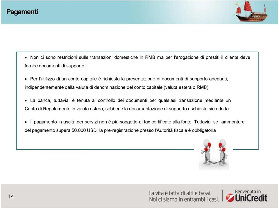 controllo dei documenti per qualsiasi transazione mediante un Conto di Regolamento in valuta estera, sebbene la documentazione di supporto rischiesta sia ridotta Il pagamento in uscita