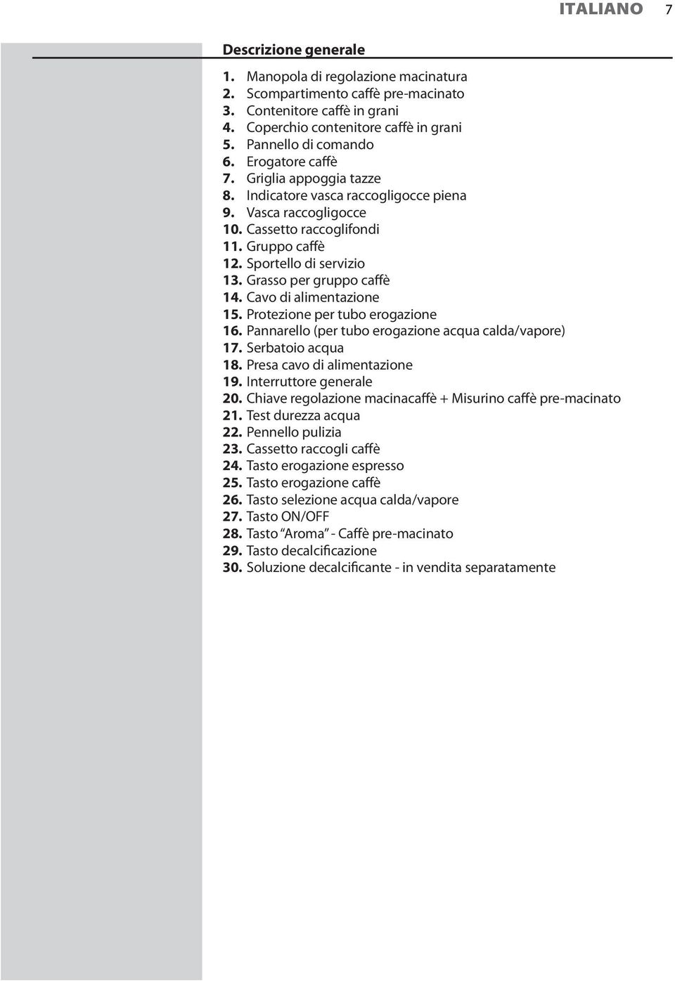 Sportello di servizio 13. Grasso per gruppo caffè 14. Cavo di alimentazione 15. Protezione per tubo erogazione 16. Pannarello (per tubo erogazione acqua calda/vapore) 17. Serbatoio acqua 18.