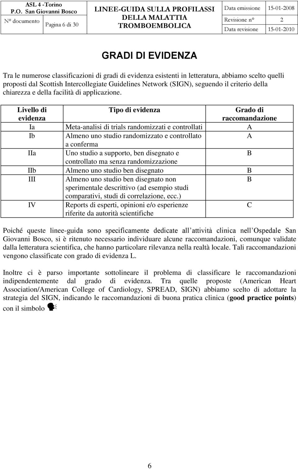 Livello di evidenza Tipo di evidenza Grado di raccomandazione Ia Meta-analisi di trials randomizzati e controllati A Ib Almeno uno studio randomizzato e controllato A a conferma IIa Uno studio a