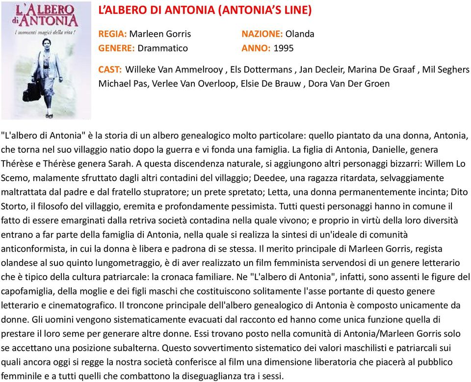 dopo la guerra e vi fonda una famiglia. La figlia di Antonia, Danielle, genera Thérèse e Thérèse genera Sarah.