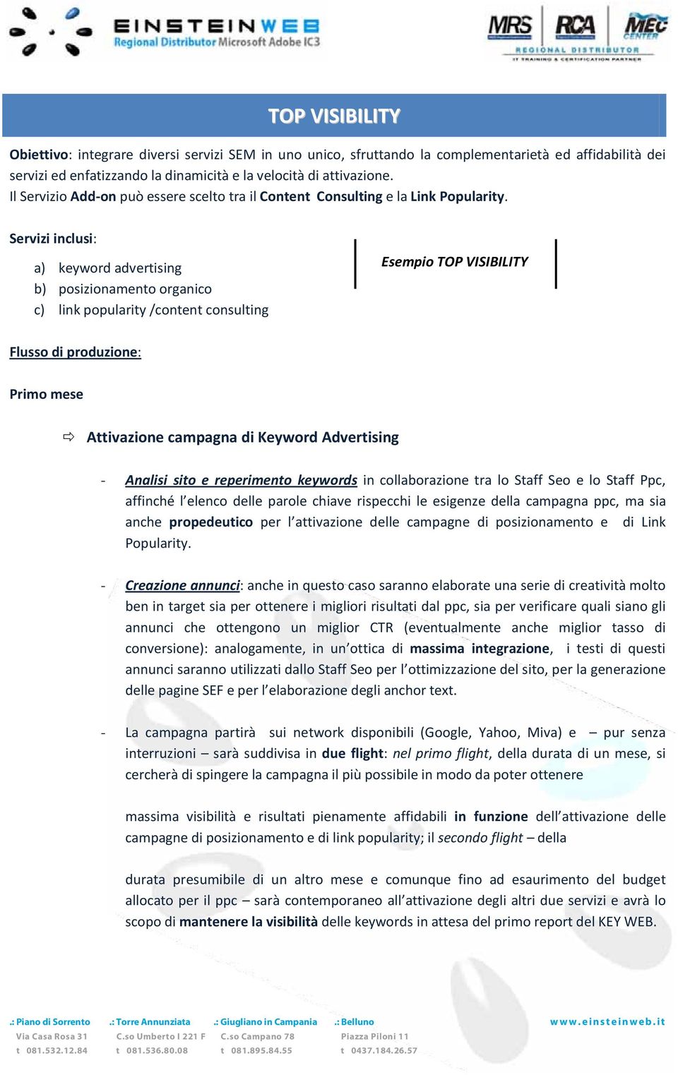 Servizi inclusi: a) keyword advertising b) posizionamento organico c) link popularity /content consulting Esempio TOP VISIBILITY Flusso di produzione: Primo mese Attivazione campagna di Keyword