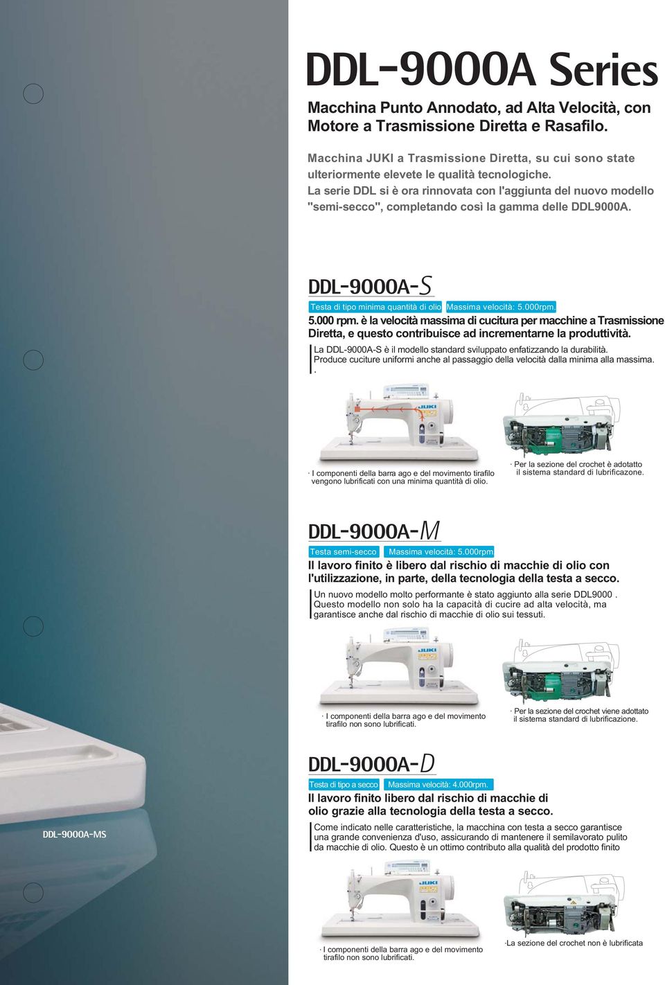 La serie DDL si è ora rinnovata con l'aggiunta del nuovo modello "semi-secco", completando così la gamma delle DDL9000A. DDL-9000A-S Testa di tipo minima quantità di olio Massima velocità: 5.000rpm.