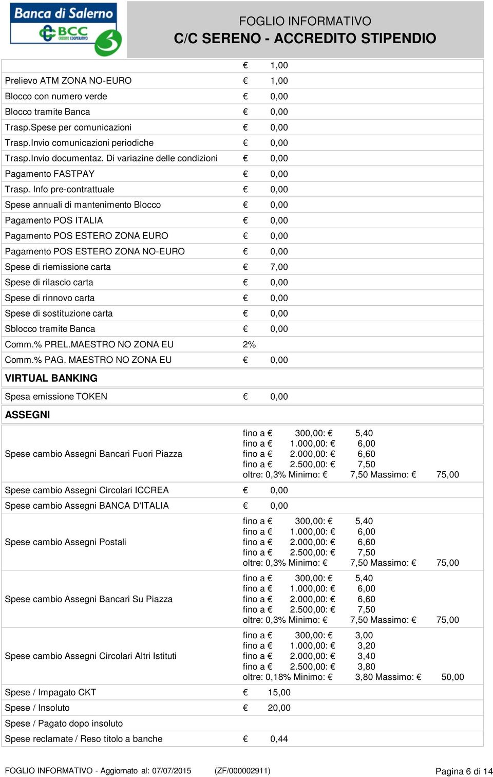 Info pre-contrattuale 0,00 Spese annuali di mantenimento Blocco 0,00 Pagamento POS ITALIA 0,00 Pagamento POS ESTERO ZONA EURO 0,00 Pagamento POS ESTERO ZONA NO-EURO 0,00 Spese di riemissione carta
