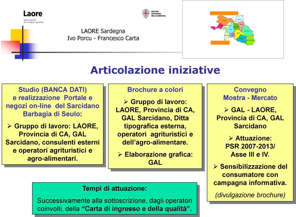 Tempi di attuazione: Brochure a colori Gruppo di lavoro: LAORE, Provincia di CA, GAL Sarcidano, Ditta tipografica esterna, operatori agrituristici e dell agro-alimentare.