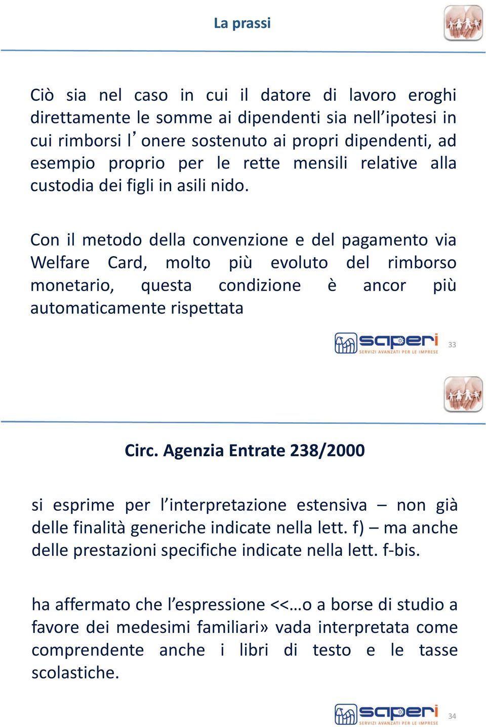 Con il metodo della convenzione e del pagamento via Welfare Card, molto più evoluto del rimborso monetario, questa condizione è ancor più automaticamente rispettata 33 Circ.