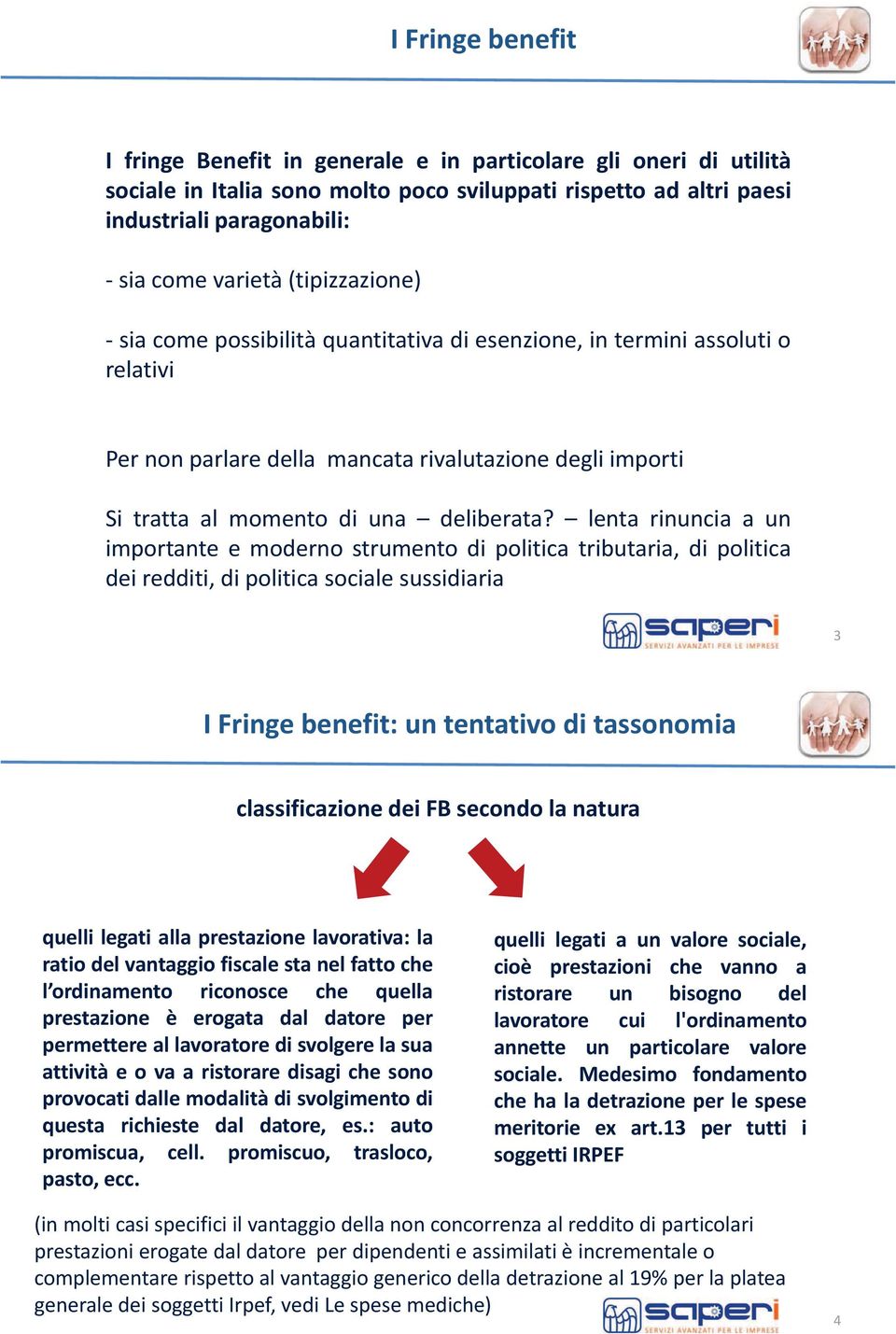 lenta rinuncia a un importante e moderno strumento di politica tributaria, di politica dei redditi, di politica sociale sussidiaria 3 I Fringe benefit: un tentativo di tassonomia classificazione dei