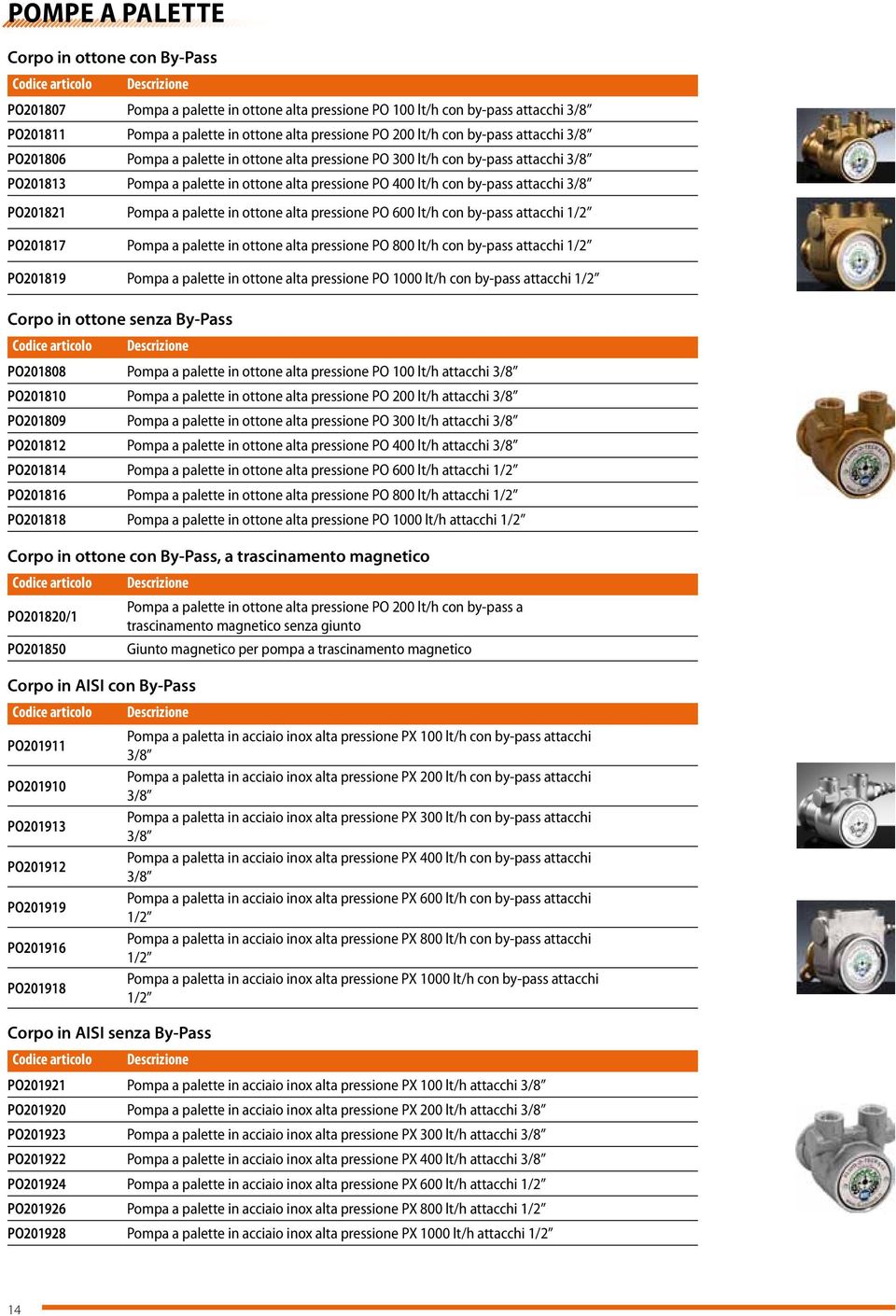 PO201821 Pompa a palette in ottone alta pressione PO 600 lt/h con by-pass attacchi 1/2 PO201817 Pompa a palette in ottone alta pressione PO 800 lt/h con by-pass attacchi 1/2 PO201819 Pompa a palette