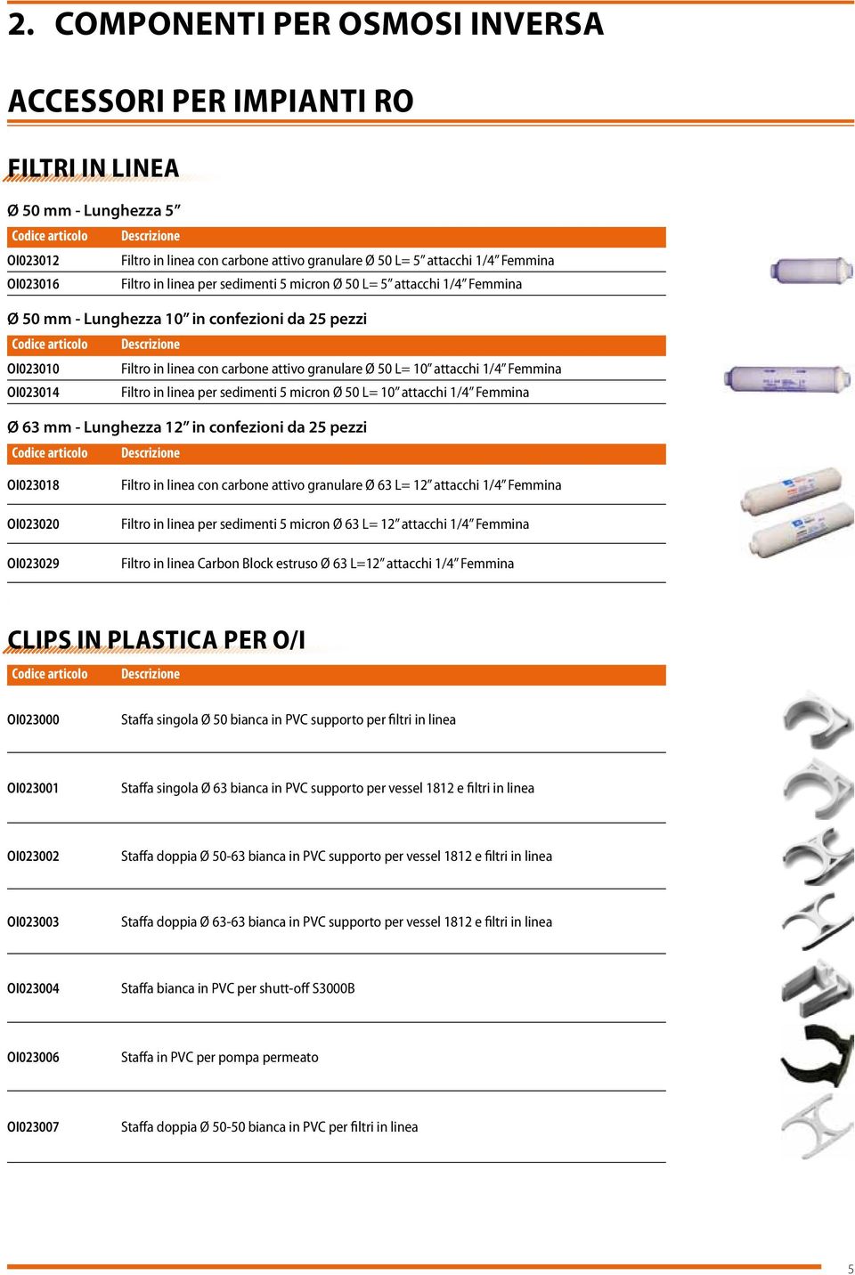 OI023014 Filtro in linea per sedimenti 5 micron Ø 50 L= 10 attacchi 1/4 Femmina Ø 63 mm - Lunghezza 12 in confezioni da 25 pezzi OI023018 OI023020 OI023029 Filtro in linea con carbone attivo