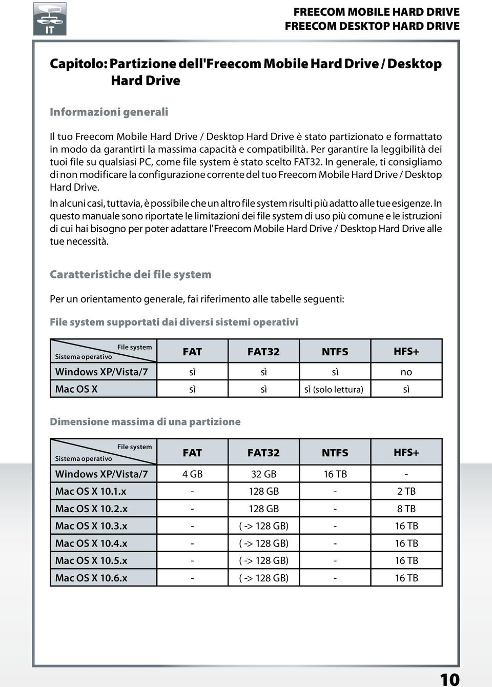 In generale, ti consigliamo di non modificare la configurazione corrente del tuo Freecom Mobile Hard Drive / Desktop Hard Drive.