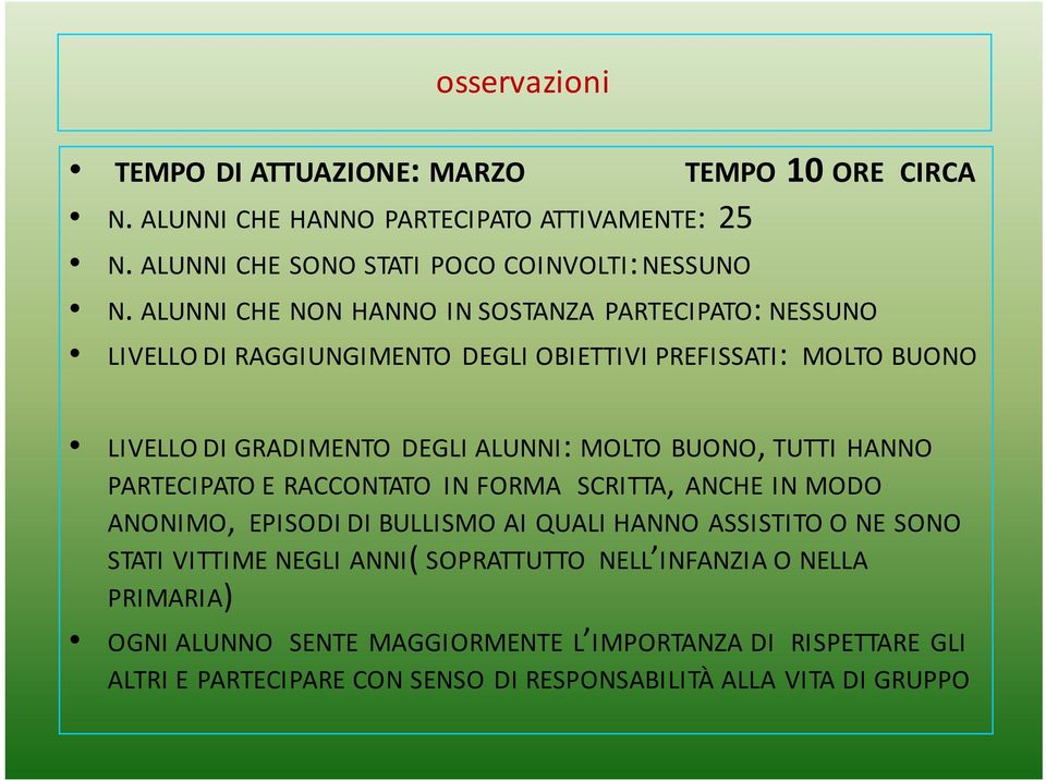 BUONO, TUTTI HANNO PARTECIPATO E RACCONTATO IN FORMA SCRITTA, ANCHE IN MODO ANONIMO, EPISODI DI BULLISMO AI QUALI HANNO ASSISTITO O NE SONO STATI VITTIME NEGLI