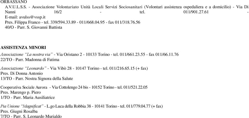 011/661.23.55 - fax 011/66.11.76 22/TO - Parr. Madonna di Fatima Associazione Leonardo - Via Vibò 28-10147 Torino - tel. 011/216.65.15 (+ fax) Pres. Di Donna Antonio 13/TO - Parr.