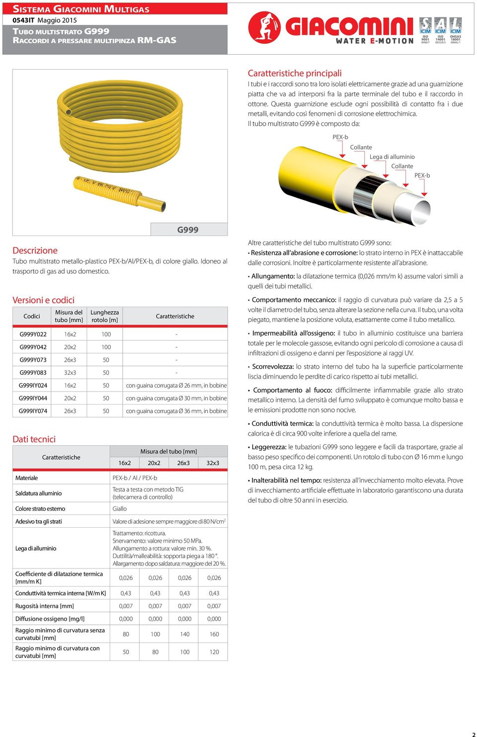 Il tubo multistrato G999 è composto da: PEX-b Collante Lega di alluminio Collante PEX-b G999 Descrizione Tubo multistrato metallo-plastico PEX-b/Al/PEX-b, di colore giallo.