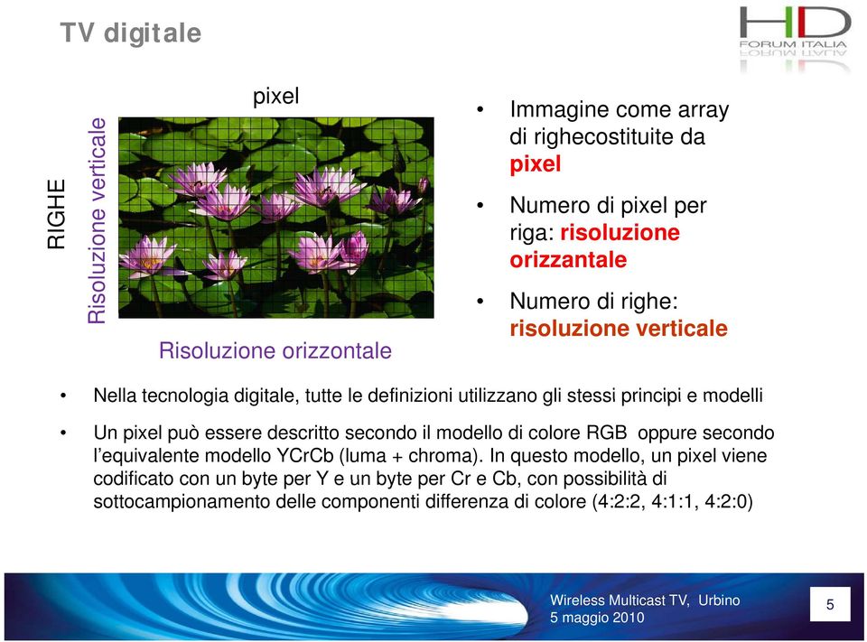Un pixel può essere descritto secondo il modello di colore RGB oppure secondo l equivalente modello YCrCb (luma + chroma).