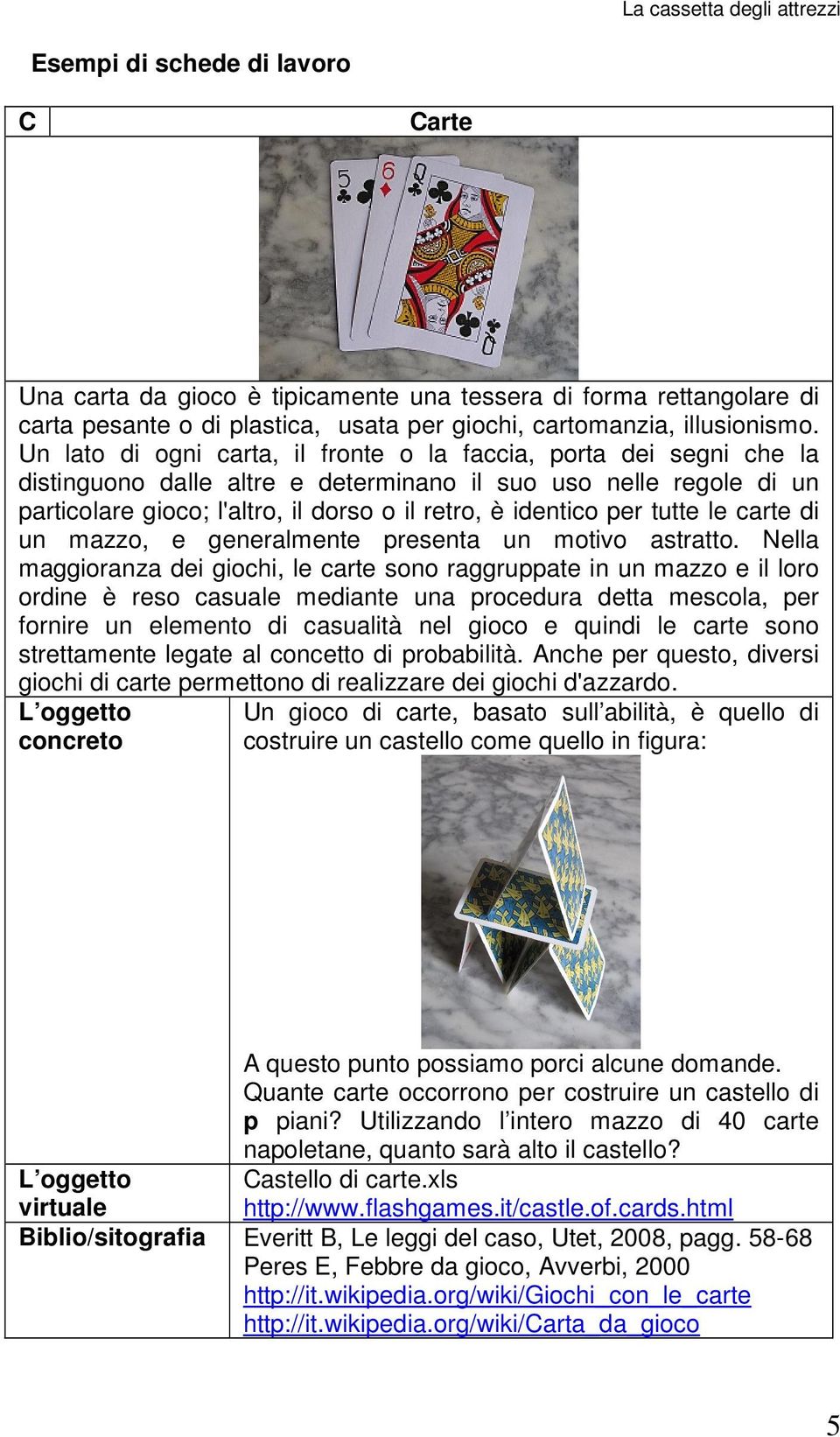 Un lato di ogni carta, il fronte o la faccia, porta dei segni che la distinguono dalle altre e determinano il suo uso nelle regole di un particolare gioco; l'altro, il dorso o il retro, è identico