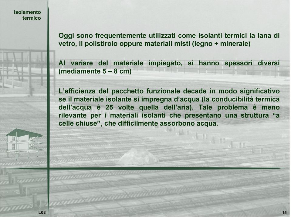 decade in modo significativo se il materiale isolante si impregna d acqua (la conducibilità termica dell acqua è 25 volte quella dell