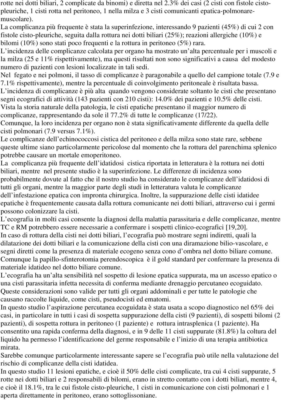 La complicanza più frequente è stata la superinfezione, interessando 9 pazienti (45%) di cui 2 con fistole cisto-pleuriche, seguita dalla rottura nei dotti biliari (25%); reazioni allergiche (10%) e