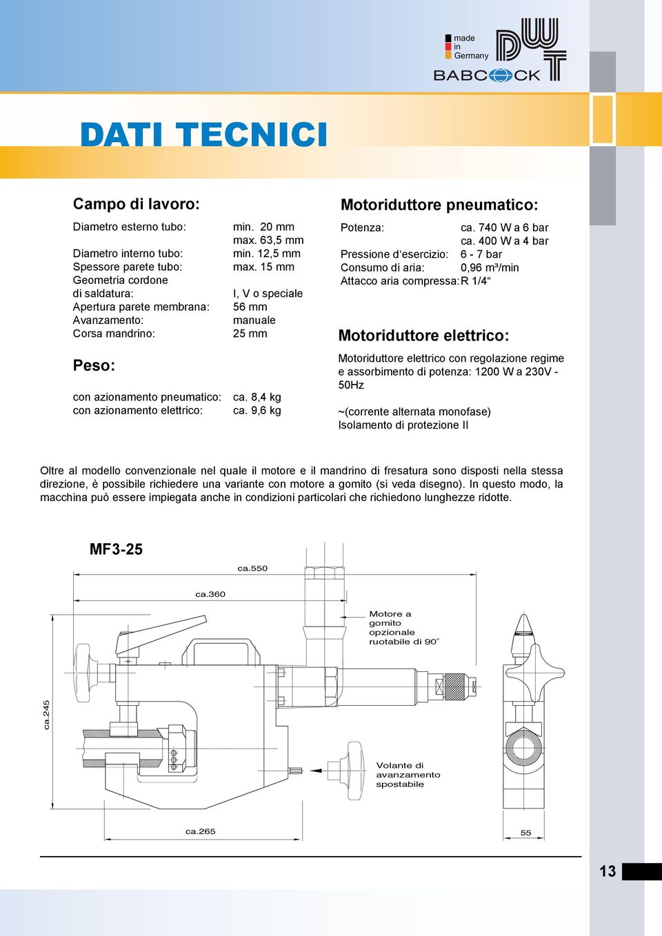 9,6 kg Motoriduttore pneumatico: Potenza: ca. 740 W a 6 bar ca.