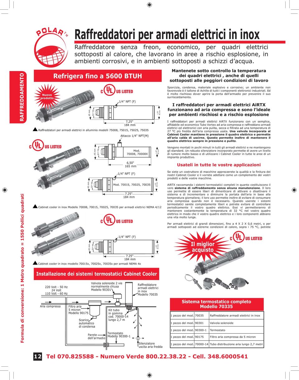 RAFFREDDAMENTO Nuovo NEW prodotto Refrigera fino a 5600 BTUH 45 mm 25,4 mm 7,25" 184 mm Raffreddatori per armadi elettrici in alluminio modelli 75008, 75015, 75025, 75035 14,2 mm 1/4" NPT (F) Attacco