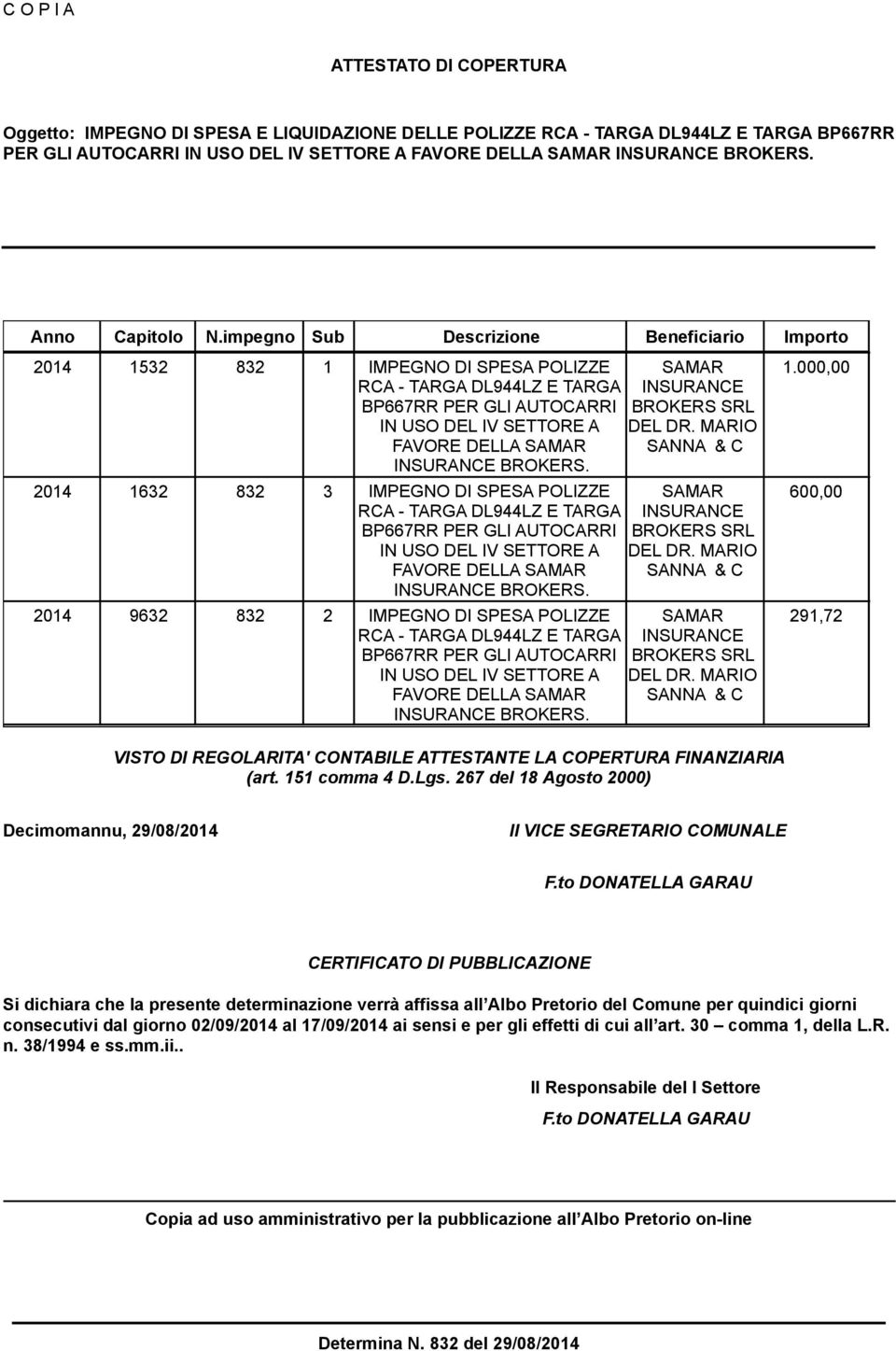 2014 9632 832 2 IMPEGNO DI SPESA POLIZZE 291,72 BROKERS. VISTO DI REGOLARITA' CONTABILE ATTESTANTE LA COPERTURA FINANZIARIA (art. 151 comma 4 D.Lgs.