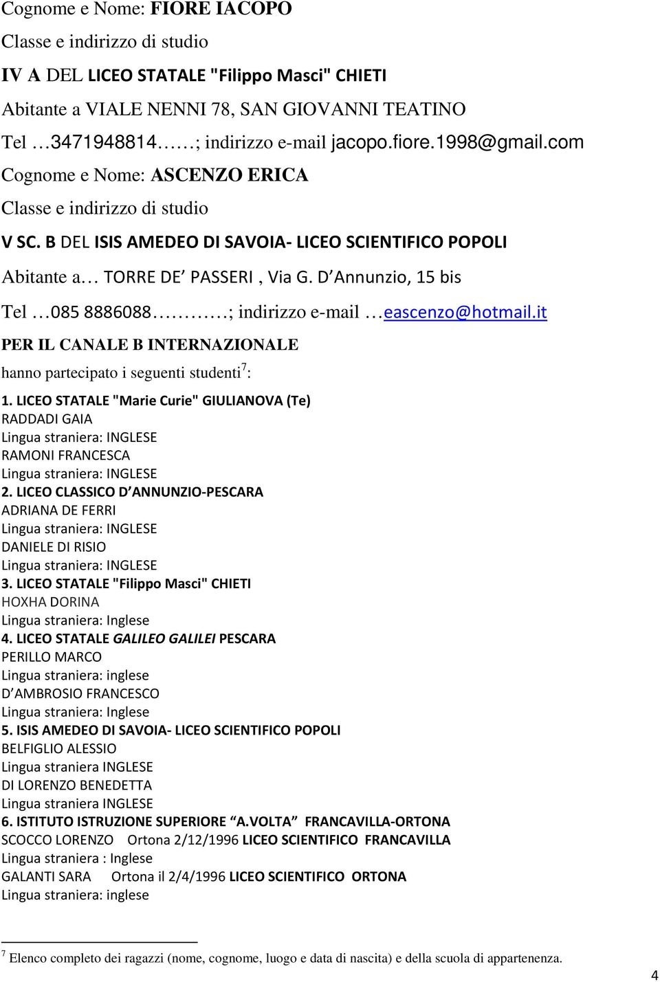 D Annunzio, 15 bis Tel 085 8886088 ; indirizzo e-mail eascenzo@hotmail.it PER IL CANALE B INTERNAZIONALE hanno partecipato i seguenti studenti 7 : 1.