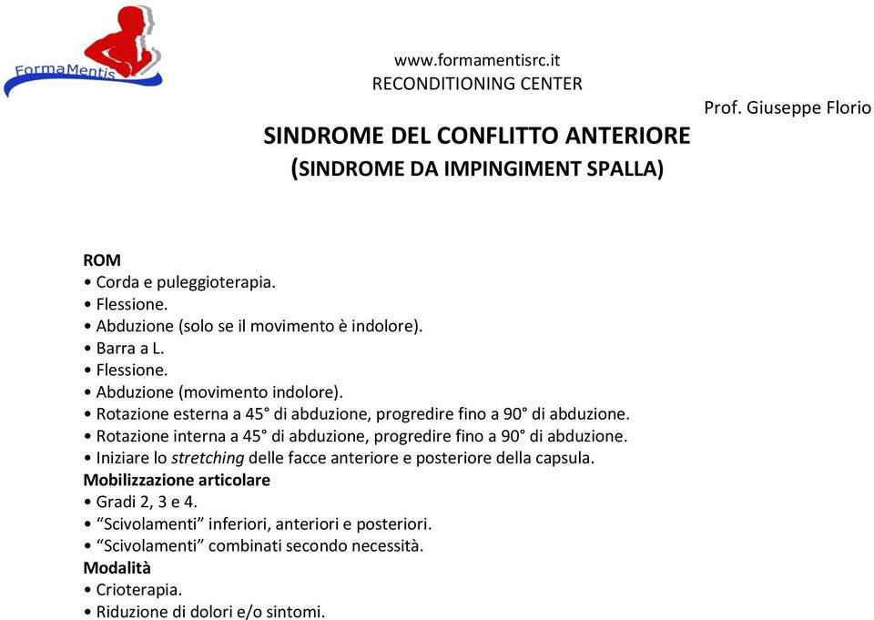 Rotazione interna a 45 di abduzione, progredire fino a 90 di abduzione.