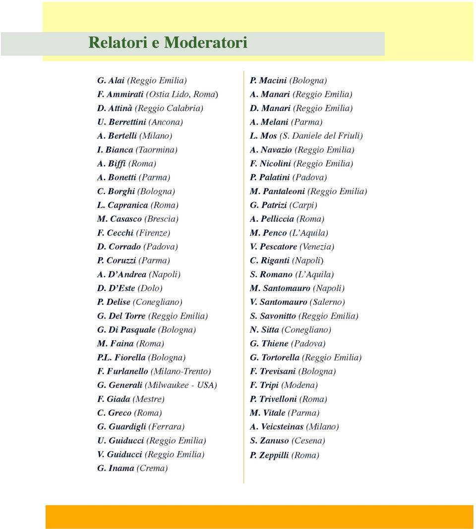 Del Torre (Reggio Emilia) G. Di Pasquale (Bologna) M. Faina (Roma) P.L. Fiorella (Bologna) F. Furlanello (Milano-Trento) G. Generali (Milwaukee - USA) F. Giada (Mestre) C. Greco (Roma) G.