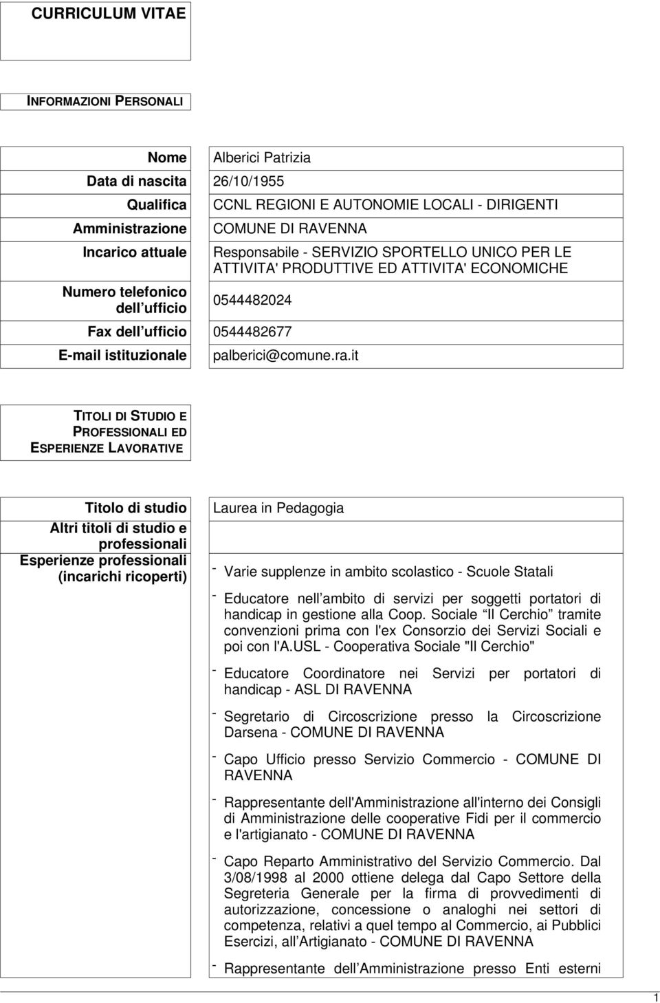 it TITOLI DI STUDIO E PROFESSIONALI ED ESPERIENZE LAVORATIVE Titolo di studio Altri titoli di studio e professionali Esperienze professionali (incarichi ricoperti) Laurea in Pedagogia - Varie