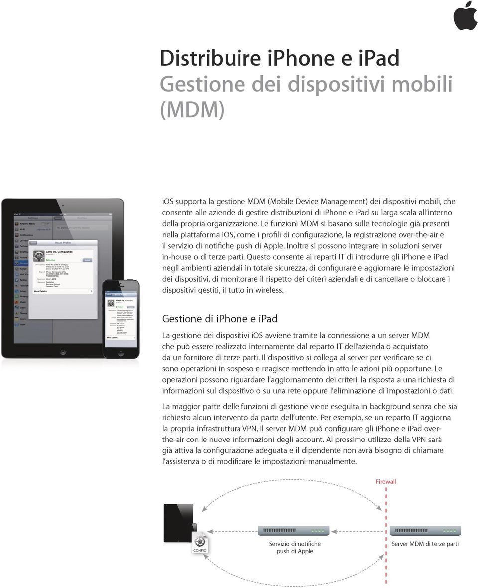 Le funzioni MDM si basano sulle tecnologie già presenti nella piattaforma ios, come i profili di configurazione, la registrazione over-the-air e il servizio di notifiche push di Apple.