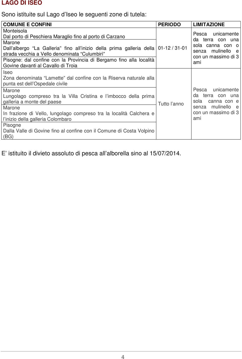 3 Pisogne: dal confine con la Provincia di Bergamo fino alla località ami Govine davanti al Cavallo di Troia Iseo Zona denominata Lamette dal confine con la Riserva naturale alla punta est dell