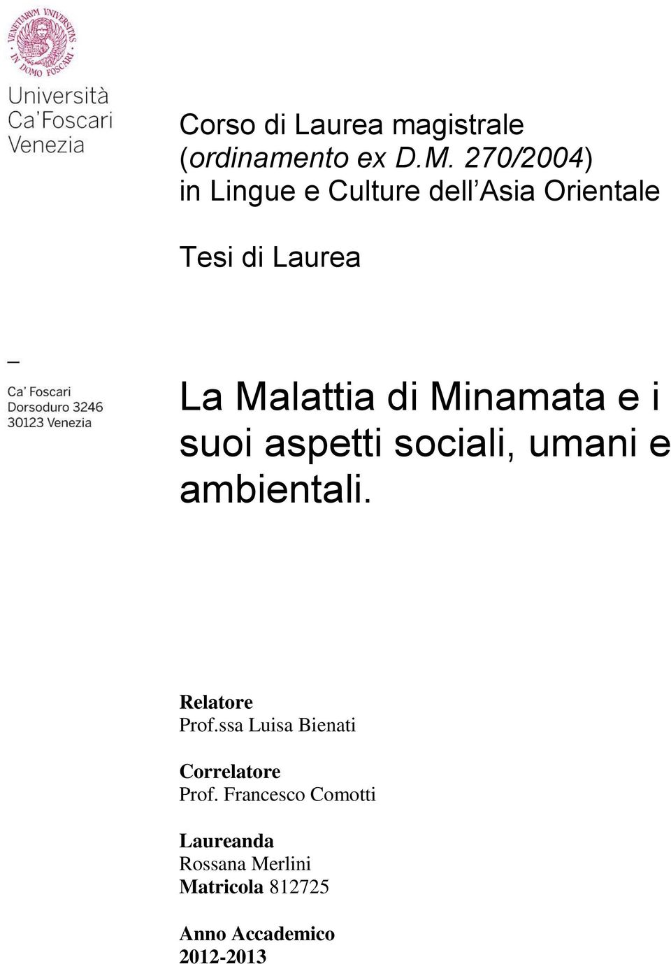 Minamata e i suoi aspetti sociali, umani e ambientali. Relatore Prof.