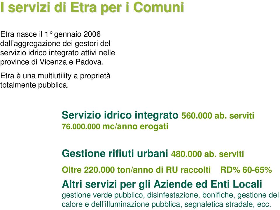 ab. serviti 76.000.000 mc/anno erogati Gestione rifiuti urbani 480.000 ab. serviti Oltre 220.