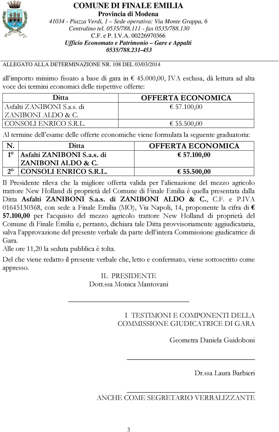 000,00, IVA esclusa, dà lettura ad alta voce dei termini economici delle rispettive offerte: Ditta OFFERTA ECONOMICA Asfalti ZANIBONI S.a.s. di 57.100,00 ZANIBONI ALDO & C. CONSOLI ENRICO S.R.L. 55.