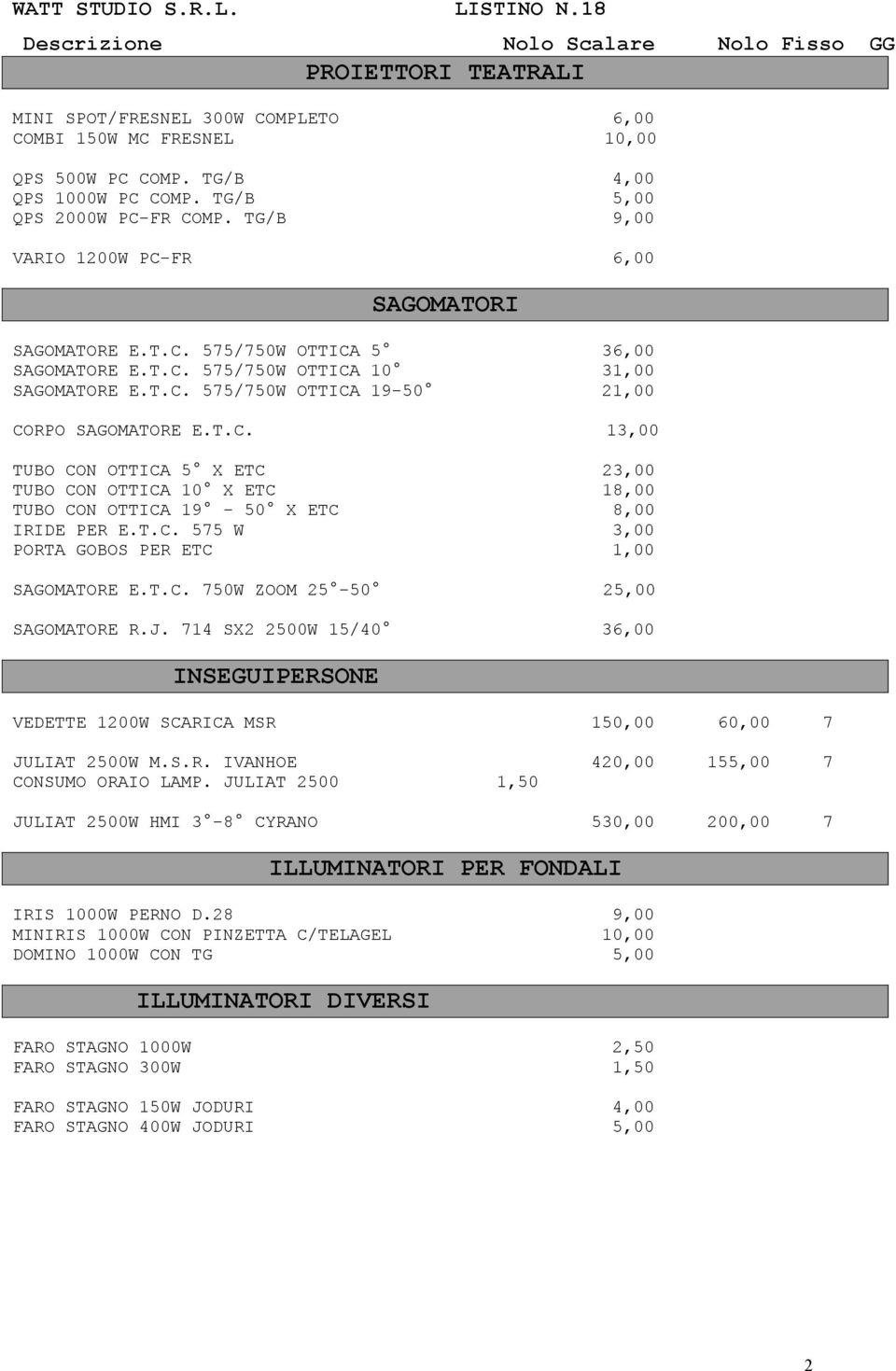 T.C. 575 W 3,00 PORTA GOBOS PER ETC 1,00 SAGOMATORE E.T.C. 750W ZOOM 25-50 25,00 SAGOMATORE R.J. 714 SX2 2500W 15/40 36,00 INSEGUIPERSONE VEDETTE 1200W SCARICA MSR 150,00 60,00 7 JULIAT 2500W M.S.R. IVANHOE 420,00 155,00 7 CONSUMO ORAIO LAMP.