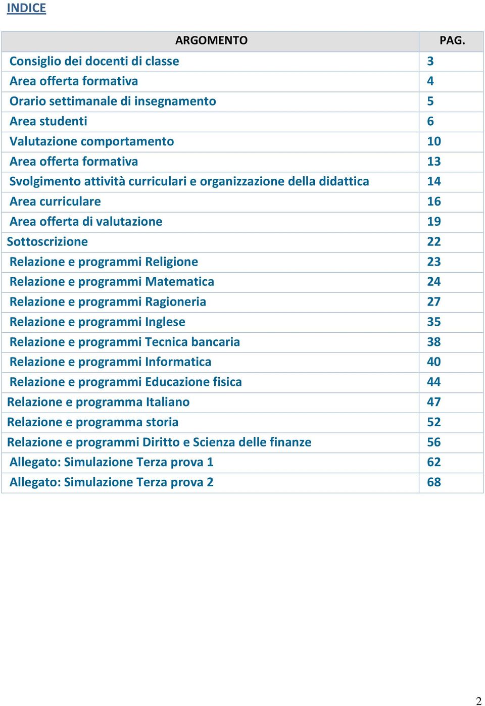 curriculari e organizzazione della didattica 14 Area curriculare 16 Area offerta di valutazione 19 Sottoscrizione 22 Relazione e programmi Religione 23 Relazione e programmi Matematica 24 Relazione