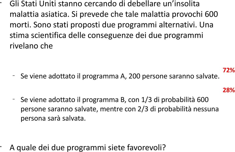 Una stima scientifica delle conseguenze dei due programmi rivelano che Se viene adottato il programma A, 200 persone saranno