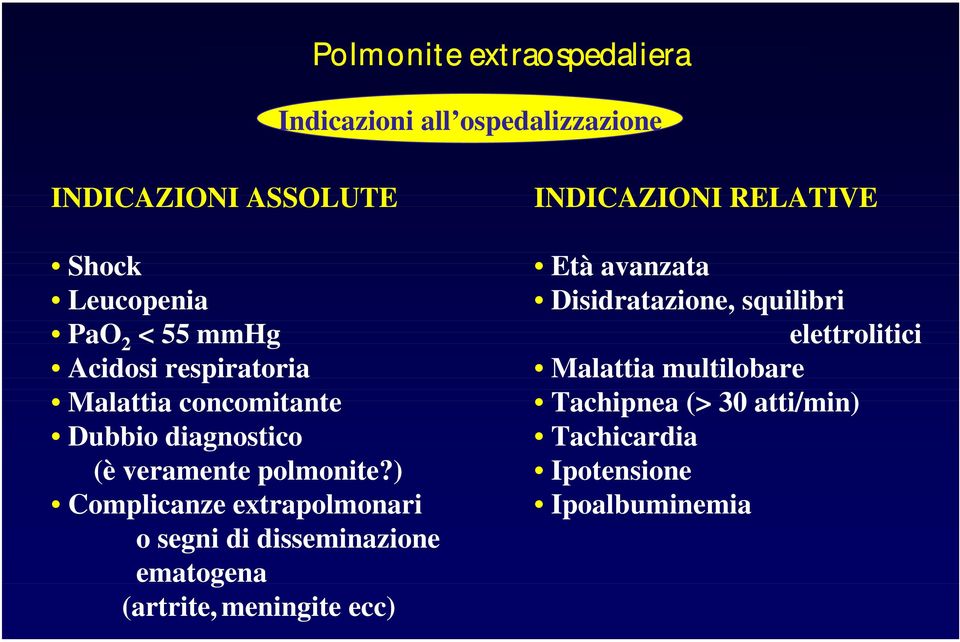 ) Complicanze extrapolmonari o segni di disseminazione ematogena (artrite, meningite ecc) INDICAZIONI RELATIVE