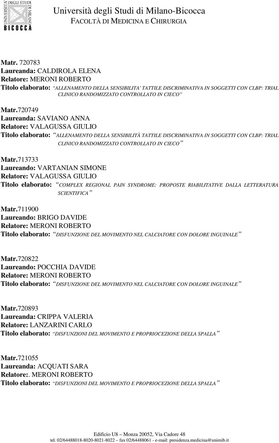 Matr.713733 Laureando: VARTANIAN SIMONE Relatore: VALAGUSSA GIULIO Titolo elaborato: COMPLEX REGIONAL PAIN SYNDROME: PROPOSTE RIABILITATIVE DALLA LETTERATURA SCIENTIFICA Matr.