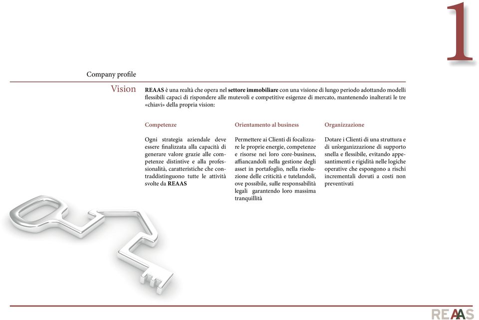 e alla professionalità, caratteristiche che contraddistinguono tutte le attività svolte da REAAS Orientamento al business Permettere ai Clienti di focalizzare le proprie energie, competenze e risorse